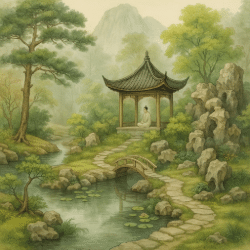 A Taoist garden with a meditating figure in a pavilion, surrounded by rocks, a pond with lily pads, and mist-covered trees and mountains.