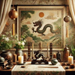 Traditional, Personal Taoist altar with dragon statue, tapestry, candles, and incense