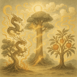 Three legendary Taoist trees—Fusang, Jianmu, and the Peach Tree of Immortality—radiate mystical power with dragons, glowing light, and heavenly energy.