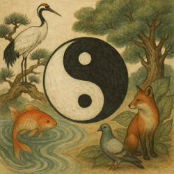 Traditional East Asian-style painting of animals in harmony with nature: a crane on a pine branch, a koi fish in water, a pigeon on the ground, and a fox near leafy plants, all surrounding a large yin-yang symbol.