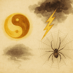 Symbolic Taoist artwork depicting the three karmic poles: a golden orb for constructive fusion, lightning for destructive release, and a spider in a web for environmental clarity.