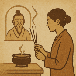 Person lighting three incense sticks in front of a Taoist shrine as an offering, with smoke rising from the burner.