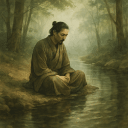 East Asian man in simple robe sitting beside a calm forest stream in quiet meditation, evoking Taoist philosophy of deep self versus surface self.