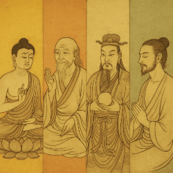 Four-panel traditional East Asian painting depicting Buddha, Laozi, a Taoist immortal, and a contemplative sage, each representing a distinct spiritual tradition.