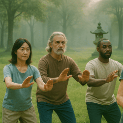 Three diverse adults practicing Qi Gong in a tranquil park with a traditional stone lantern in the background, misty light creating a subtle mystical atmosphere.