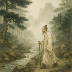 An elderly Taoist hermit walks through a mist-covered forest beside a flowing stream, surrounded by rocks and ancient pine trees.
