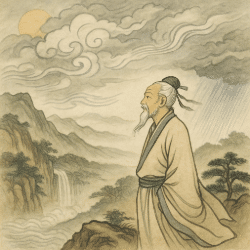 Taoist sage observing clouds, wind, and rain as symbols of balance between Heaven and Earth