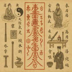 Illustration of Taoist magic with talisman, priest, deities, and ritual symbols on parchment background