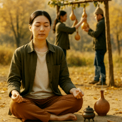 A woman sits in meditation outdoors in autumn beside an incense burner and a pot of elixir, while people in the background hang gourds to dry beneath colorful fall trees.