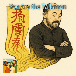 Illustration of a Daoist talisman glowing with mystical energy, transitioning into the form of a human being, symbolizing the idea that people themselves are living talismans.