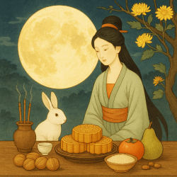 Traditional Taoist Mid-Autumn Festival scene with Chang’e and the Jade Rabbit under a full moon, surrounded by mooncakes, rice, walnuts, incense, and autumn fruits.