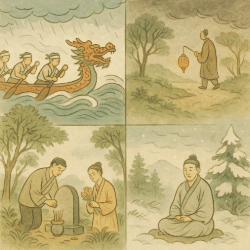 Taoist seasonal festivals shown with symbolic weather—spring rain, summer storms, autumn mist, and winter snow
