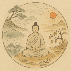 Taoist illustration of five climates—wind, heat, dampness, dryness, and cold—surrounding a meditating figure in balance with nature